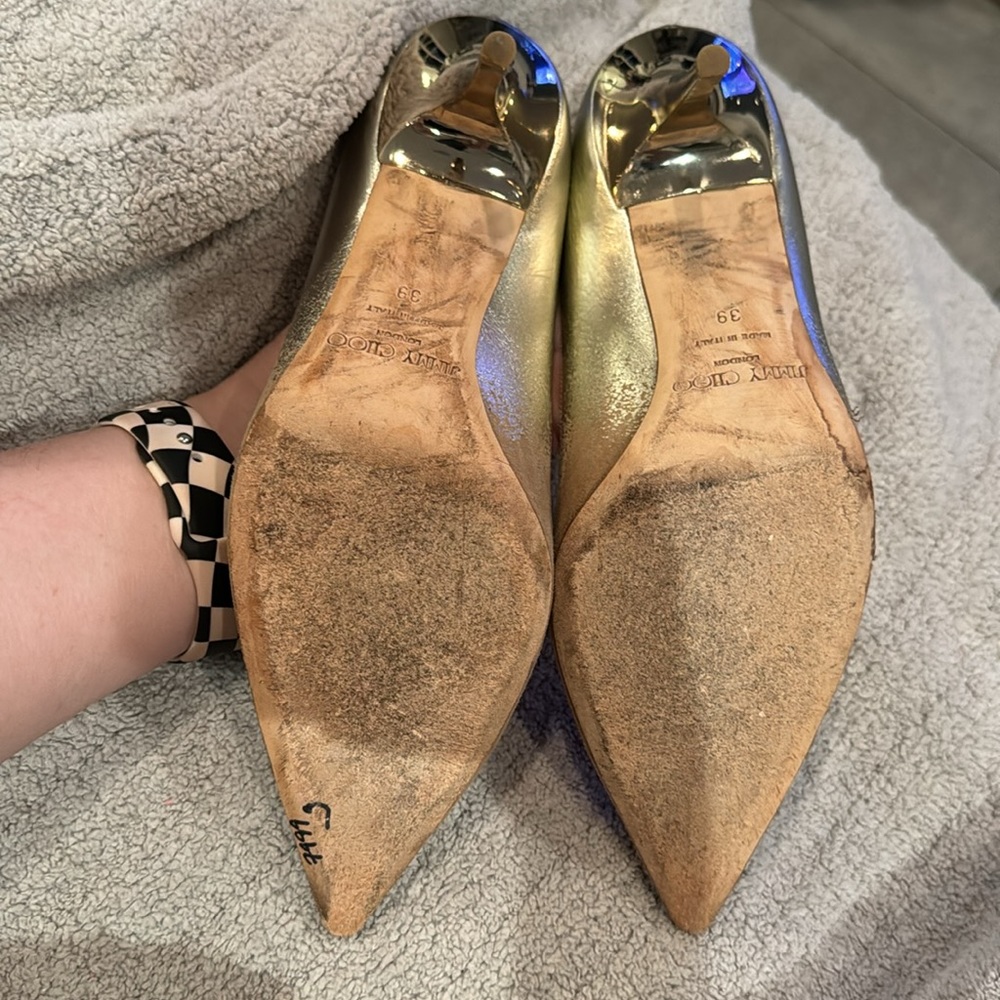 Jimmy Choo Tan and Gold Heels Sleek Pointed Toe - Picture 3 of 10